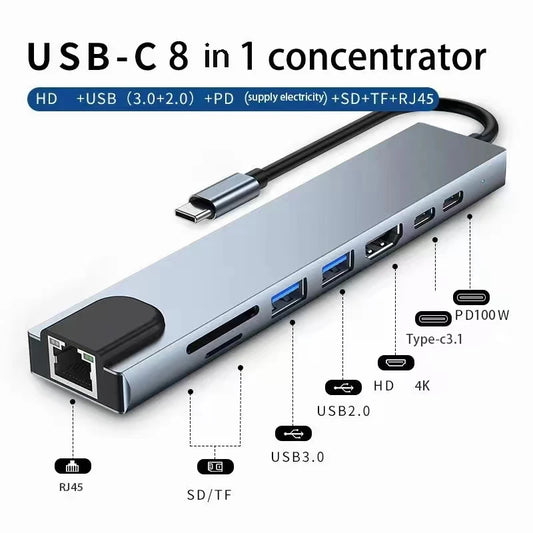 Majic Adapter : Usb 8 In 1 Type C 3 1 To 4k HdTV Hub Adapter With Sd Tf Rj45 Card Reader Pd Fast Charge For Macbook Notebook Computer